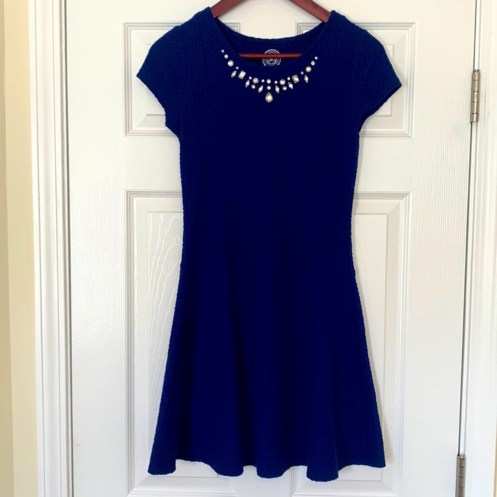 AUTHENTIC AMERICAN HERITAGE | Blue Textured Dress, Jeweled Neckline, Cap Sleeves
